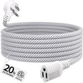 16 Gauge Braided Extension Cord 20 FT, 16/3 Flat Plug Power Cord Indoor, 3 Prong White Extension Cable Flexible for Home Dorm Room Essentials, 13A 125V 1625W, ETL Listed