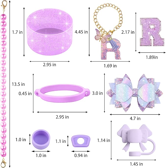 9PCS Purple for Stanley Cup Accessories Set Bling Initials Bow Charms for Stanley Decorations 30/40 Oz Tumbler Accessories Including Bow Straw Topper, Handle Strap, Spill Stopper（Letter R）