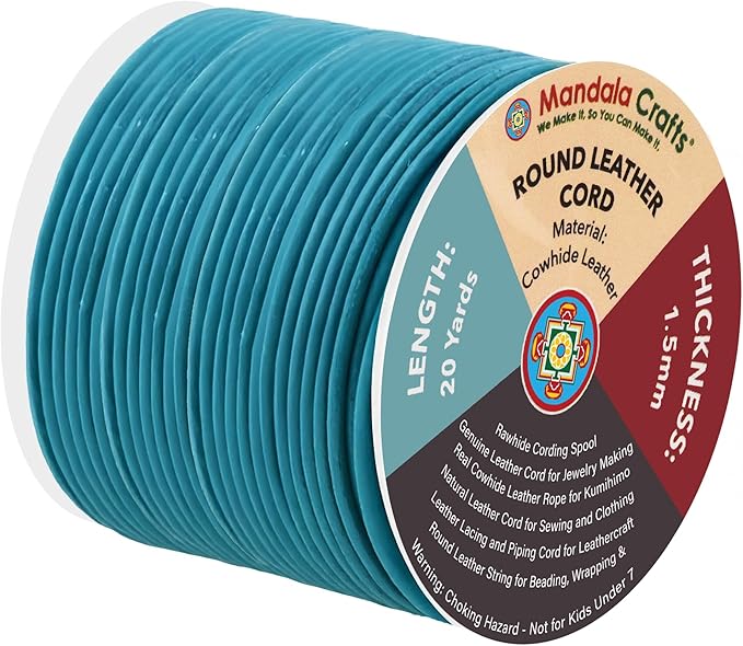 Mandala Crafts Round Genuine Teal Leather Cord for Jewelry Making – 1.5mm Cowhide Leather Rope String Lace for Kumihimo – 20 Yards Cowhide Craft Cording Spool