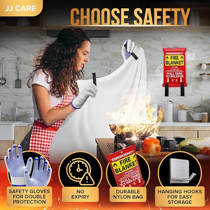 JJ CARE Fire Blanket – 3 Packs with Hooks and Gloves – 40” x 40” Fire Blankets Emergency for Home and Kitchen, High Heat Resistant and Flame Protection for Kitchen, Car, Office, Camping & Home Safety
