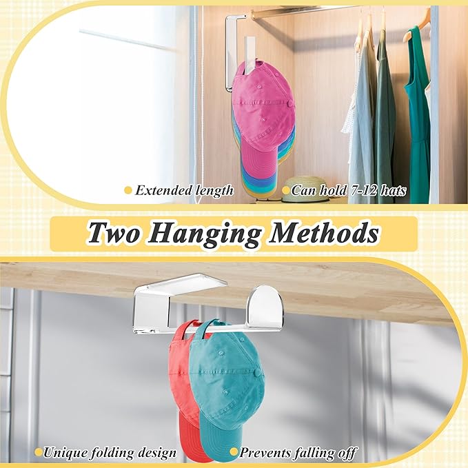 4 Pack Acrylic Hat Organizer for Baseball Caps, Clear Sticky Hat Rack for Wall with 8Pcs Strong Adhesive, Multi-purpose Wall Mounted Hat Hooks, Sturdy Hat Holder for Door & Closet