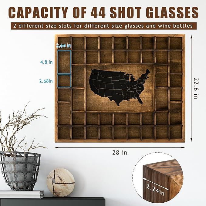 GlikCeil Large Map Slots Shot Glass Display Case Rustic Wood Holder for Different Size Shelf Organizer Wall Mount Pint Shot Glass Storage(Brown,28 x 22.6'',American Map)