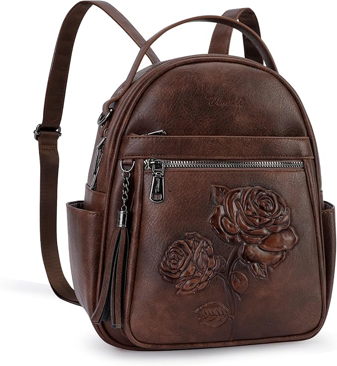 Mini Backpack Purse for Women,Embossed Leather Small Backpack Fashion Travel Backpacks Daypacks Shoulder Handbag (COFFEE-Flower)