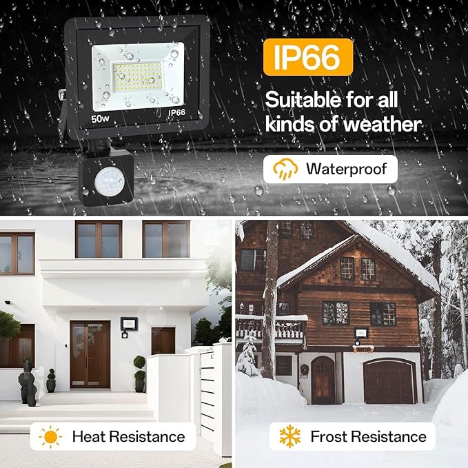 50W Plug in Motion Sensor Lights Outdoor, 5500LM Motion Flood Light Dusk to Dawn, IP65 Waterproof Led Security Light Outside, Motion Activated Wall Light for Garage, Porch, Yard