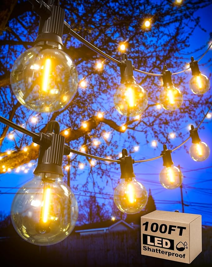 Zuske Outdoor String Lights Waterproof, 100FT LED Patio Lights with 53 Shatterproof G40 Globe Bulb(3 Spare), Connectable Dimmable Outside Hanging Lights for Backyard Porch Balcony Gazebo (2x50FT)