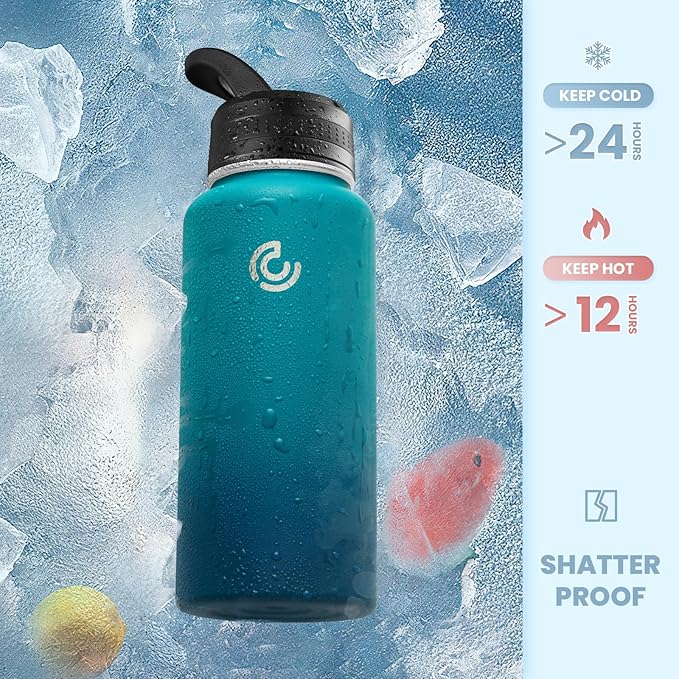 COKTIK 32oz Sports Water Bottle, Stainless Steel Water Bottle for Insulated, Reusable Travel Bottle, With Straw, With Handle Grip for Easy Carrying, Suitable for Cycling, Outdoor Vacations(Dark Night)