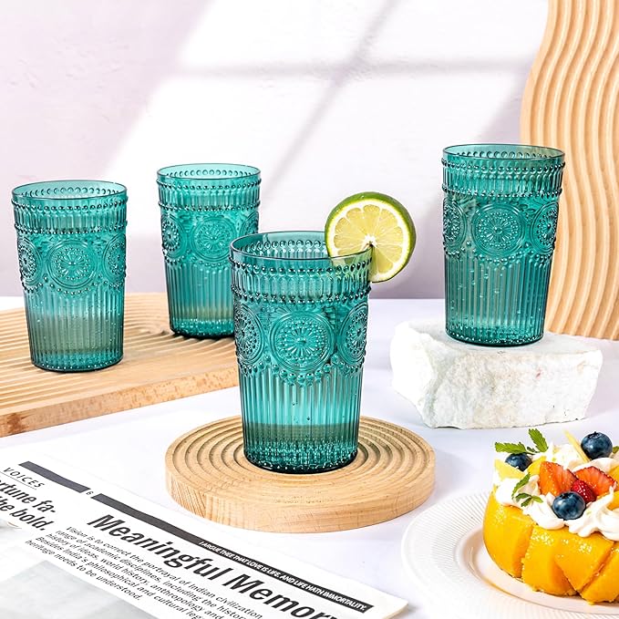 Ciaell 12 Pack Romantic Plastic Water Glasses - 14 Oz Green Vintage Drinking Glasses, Embossed Ribbed Plastic Cups, Textured Striped Set for Juice, Beverages, Beer, Cocktail，St. Patrick's Day