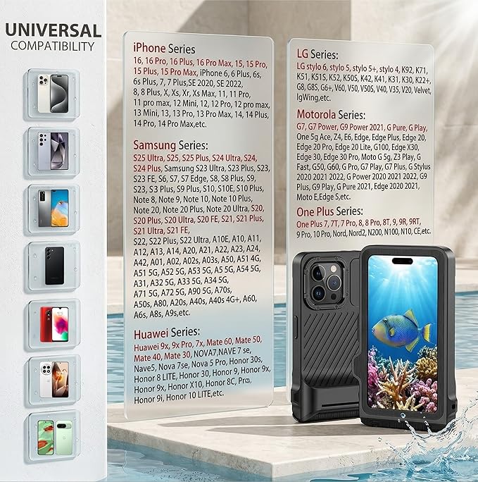 Diving Phone Case for iPhone 17 16 15 14 13 Pro Max Galaxy S25 S24 S23 Ultra, 50ft/15m Professional Waterproof Underwater Case with Real Touchscreen, Universal Camera Housing for Snorkeling (Black)
