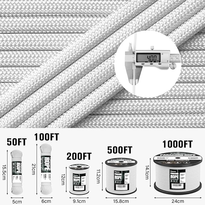Paracord Rope 550 lb - 500ft 5/32" Parachute Cord 4MM 7-Strand para Cord - Heavy Duty Spool String for Survival,Camping Gear, Survival Bracelet, Clothesline - White