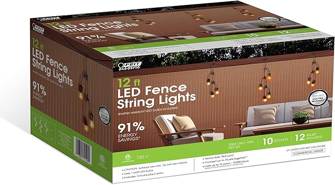 Feit Electric 12ft LED Outdoor Fence String Lights, 10 Sockets, 12pc. S14 LED Bulbs Included, E26 Base, 10 Watts, 2200K, Amber, SLM12-10/FIL