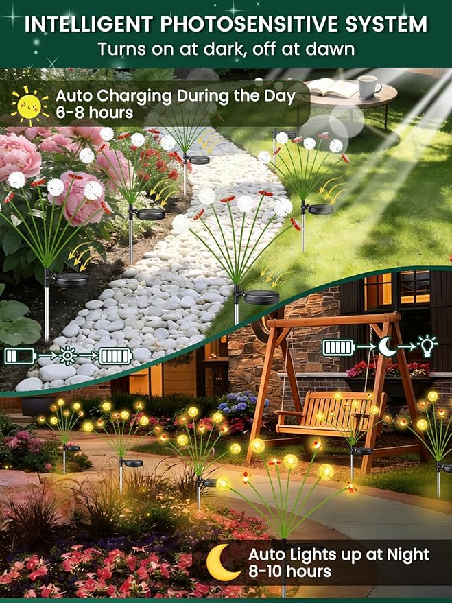Solar Garden Lights Outdoor, 6 Pack 48 LED, Solar Swaying Dandelion Bee Lights Waterproof, Swaying Firefly Lights for Yard Pathway Lawn Patio Decorations, 2 modes (Steady on, Slow Twinkle), Warm White