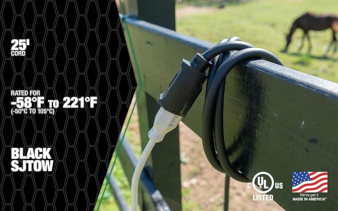 Southwire AGRIPRO 10/3 Extra Heavy Duty Extension Cord, 25ft, Farm/Workshop Cord, SJTOW, Black, 64817501