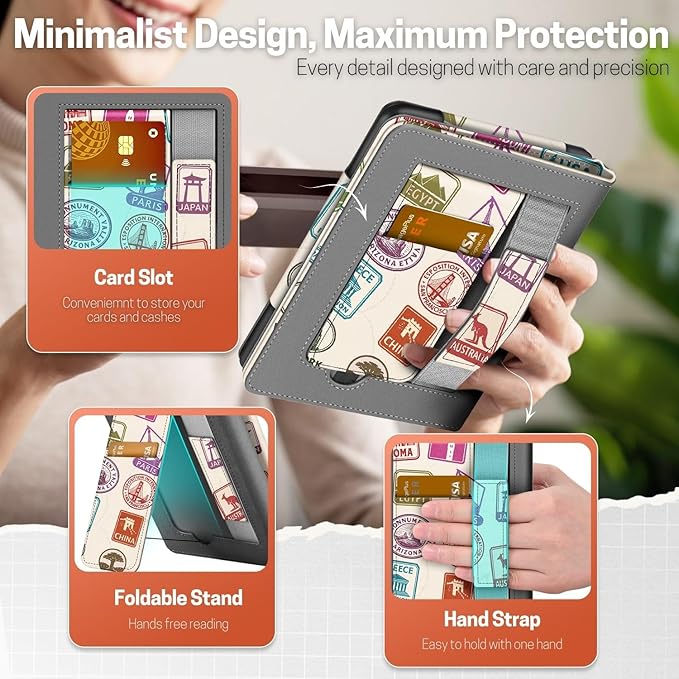 TNP Stand Case for Kindle Paperwhite 12th Generation 2024 / Kindle Colorsoft Signature Edition with Hand Strap & Card Slot - 7" PU Leather Protective Folio Cover with Auto Wake/Sleep, World Stamp