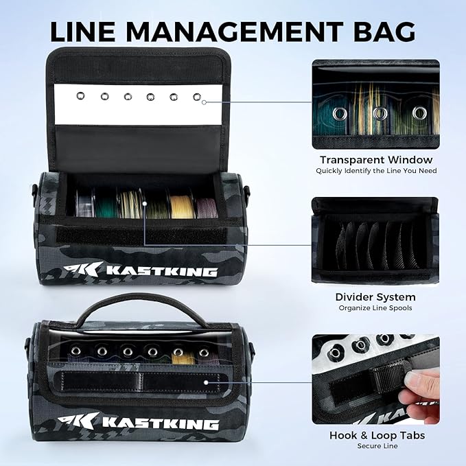 KastKing BaitSpace Line Management Bag, Fishing Line Storage Bag with Water Resistant Nylon, Clear View Window, Removable Divider, Tangle-free Leader Line Holder