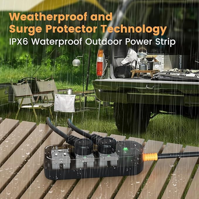 Outdoor Power Strip Weatherproof 6 FT Outdoor Extension Cord Waterproof Surge Protector Power Strip, 3 AC Outlets, 1625W - for Camping, Home, Office, Garden, Dorm, FCC UL Listed
