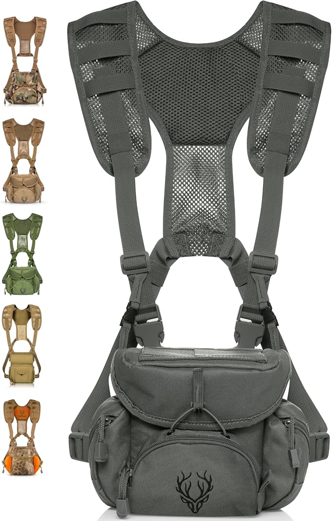 Binocular Harness Chest Pack - Lightweight Hunting Chest Rig with Rangefinder Pouch, MOLLE System Bino Harness for Bow Hunting, Tactical Chest Pack for Men, Veteran Owned Gear, Gray