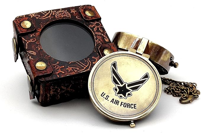 5MoonSun5's US AIR Force Engraved Brass Military Compass Nautical Marine with Leather Display Case - Perfect and Unique Gift for Army Person - Survival Navigation Compass for Hiking Camping Hunting