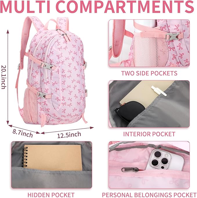 40l Foldable Pink Bow Backpack for Women Pink Waterproof Lightweight Packable Hiking Backpack Coquette Bow Travel Adventure Daypack for Women Gift Camping Travel Business Trip Supply