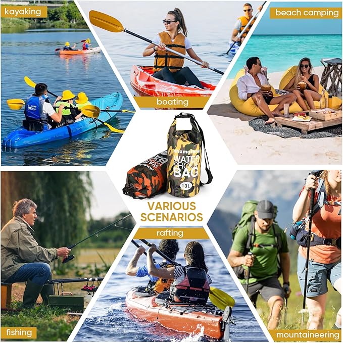 Waterproof Dry Bag 5L/10L/15L/20L/30L Roll Top Dry Storage Backpack with Phone Case, Collapsible Water Bottle, Sunglasses, Ear Band for Kayaking Boating Swimming Fishing Camping, Yellow 30L