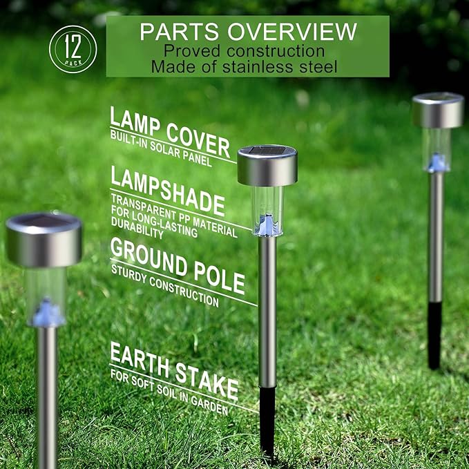 Dream Master Solar Lights Outdoor Waterproof, Stainless Steel LED Landscape Lighting, Solar Garden Lights, Outdoor Decorations for Yard, Pathway, Walkway, Patio, Lawn - 16 Pack (Cold White)