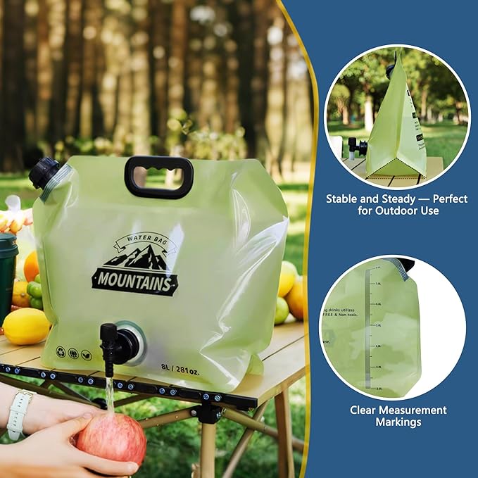 Water Jug Camping 2.1 Gallon Collapsible with Spigot, BPA Free Portable Water Pouch Foldable Water Bags for Outdoor Hiking, Travel and Emergency & Water Storage Containers (Green_Blue-2Pcs)