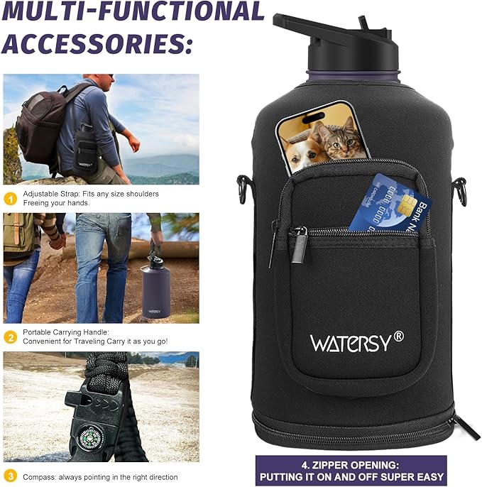 1 Gallon Water Bottle Insulated(Cold for 48 Hrs),BPA Free&Leak Proof,128oz Stainless Steel Water Jug,Large Water Bottle with Straw Spout Lids for Gym,Hiking,Camping&Travel,Purple