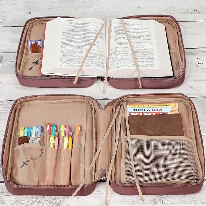 FINDCOZY Bible Cover for Women, Durable Carrying Book Case Church Bag for Biblical Accessories with Handle and Zippered Pocket,Rosewood-Pink