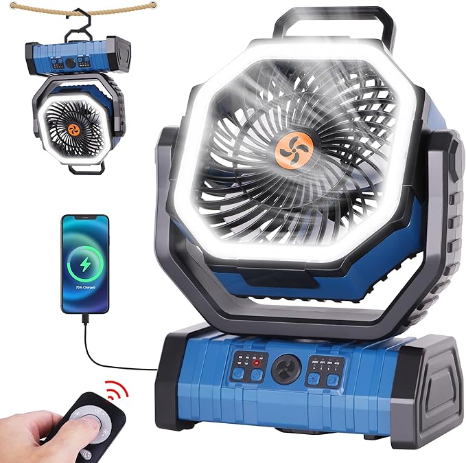 Portable Fan Battery Powered,20000mAh Rechargeable Camping Fan Battery Operated with LED Lantern,Auto-Oscillating USB Personal Cordless Battery Fans Portable Tent Travel & Hanging Hook (Blue)