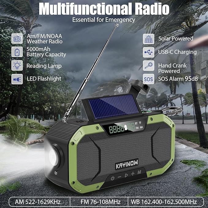 Hand Crank Solar Power Emergency Radio with Waterproof Bluetooth Speaker,Portable AM FM NOAA Weather Radio,5000mAh/18500mWh Rechargeable, Phone Charger,Flashlight,SOS,Survival Storm Camping