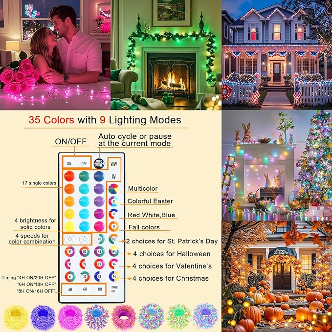 Pooqla Color Changing Christmas String Lights with Remote, 35 Colors 66FT 200LED String Lights Outdoor Decoration, Indoor Connectable Fairy Lights Plug in for Memorial Day 4th of July Decoration