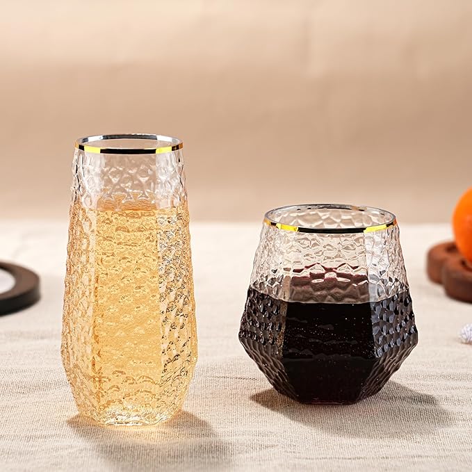 48 Pack Plastic Wine Glasses – 24 x 9oz Stemless Champagne Flutes & 24 x 12oz Disposable Wine Glasses – Elegant Disposable Plastic Cups with Gold Rim – BPA-Free Drinkware for Weddings, Parties-Spiral