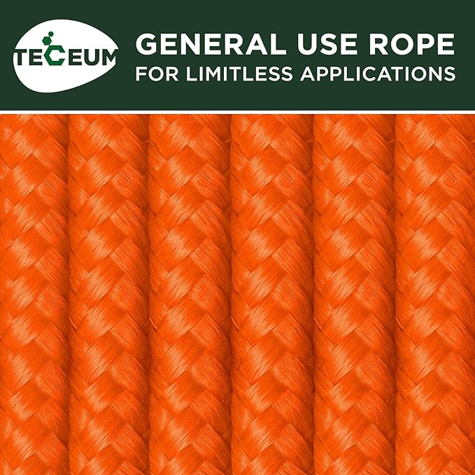 TECEUM Rope – 90 Feet x 1/4 Inch (7mm) – Orange – Strong All-Purpose Utility Rope – Camping, Crafting, Flag Pole, Indoor & Outdoor – Polypropylene Nylon Poly Lightweight Diamond Braided Cord