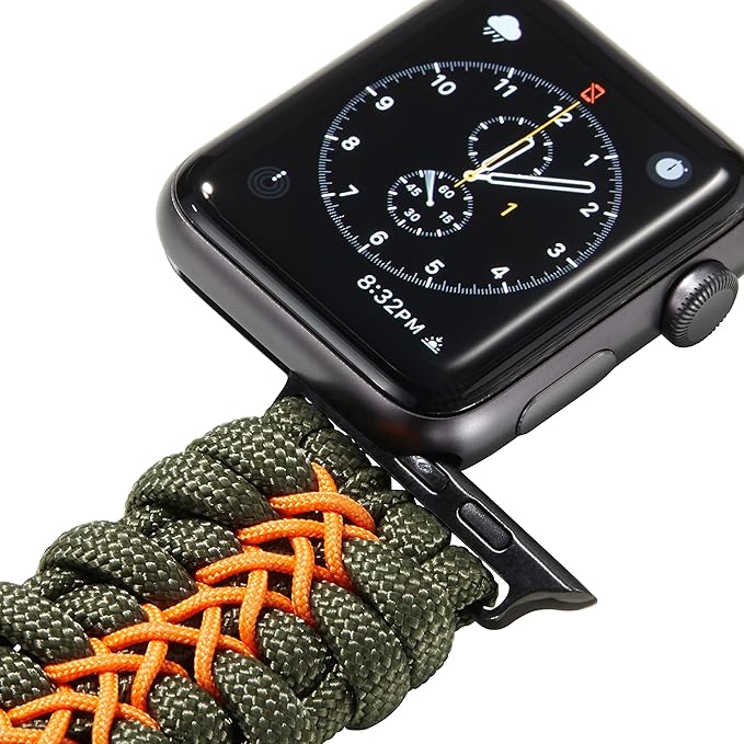 Savior Survival Gear Paracord Watch Band, Compatible with Apple Watch Band 49mm 46mm 45mm 44mm 42mm, iWatch Band Series Ultra 10 9 8 7 6 5 4 3 2 1 SE, Adjustable strap for men ( Green & Orange, Large)