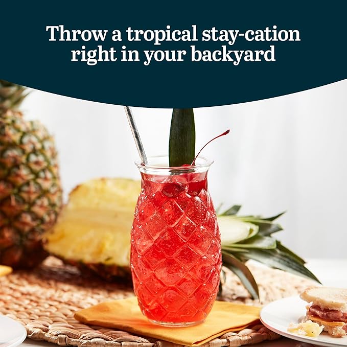 Libbey Tiki Pineapple Glasses Set of 4, Tropical, Textured 17 Ounce Tiki Glasses for Cocktails, Fun Mixed Drink Pineapple Cups for Luau, Summer Parties