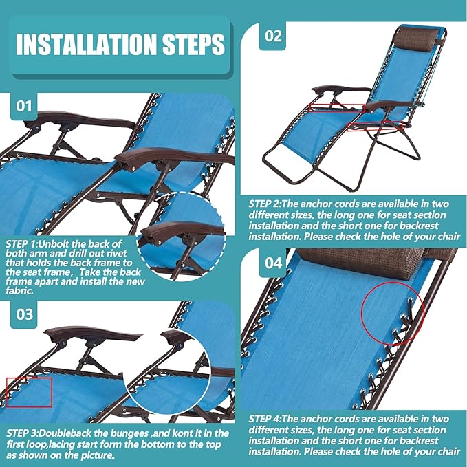 Queekay Chair Replacement Fabric with 4 Bungee Cord Lounge Chair Cloth Mesh Repair Kit for Patio Recliner Outdoor Lawn Pool(63 x 21 Inch,Light Blue)
