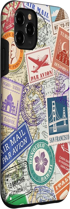 World Map Travel Passport Stamps Postage Stamp Case for iPhone 11 Pro Max