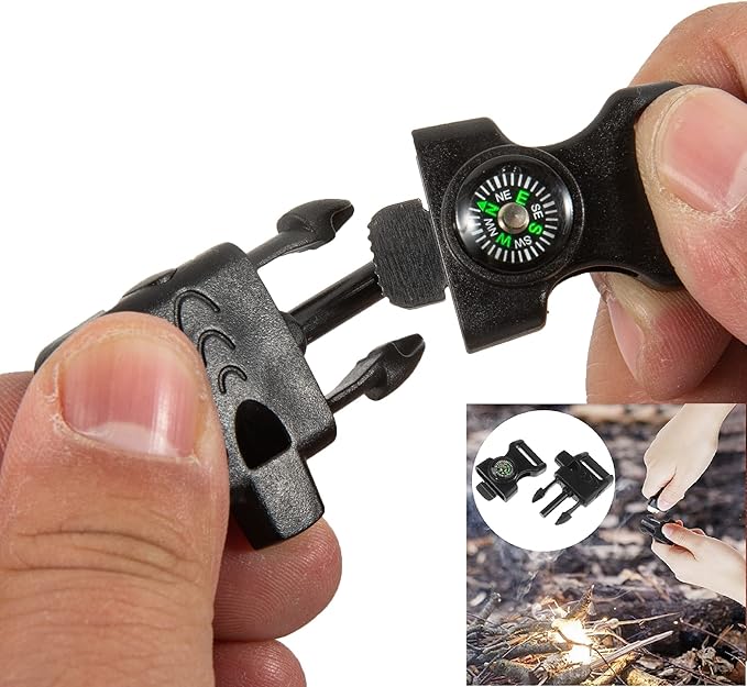 10 PCS Emergency Whistle Buckle come with Compass & Fire Starter & Flint Scraper for Outdoor Camping Paracord Bracelet (black)