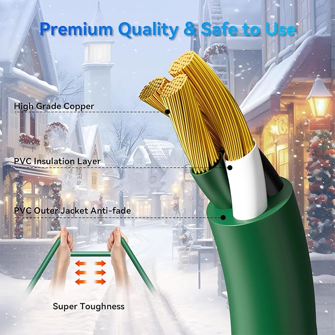 K KASONIC - 25FT Outdoor Extension Cord 1 to 3 Splitter, 3 Prong Outlets Plugs with Safety Covers, Weatherproof Extension Cord for Christmas Decorations, 16/3 SJTW, ETL Listed, Green