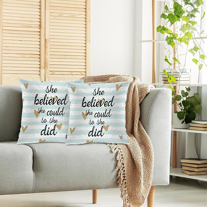 Swono Motivational Quote Pack of 2 Decorative Throw Pillow Covers Cushion Covers, She Believed She Could So She Did Couch Pillow Case Boho Cushion Pillowcase for Bedroom Sofa Living Room 18X18 Inch