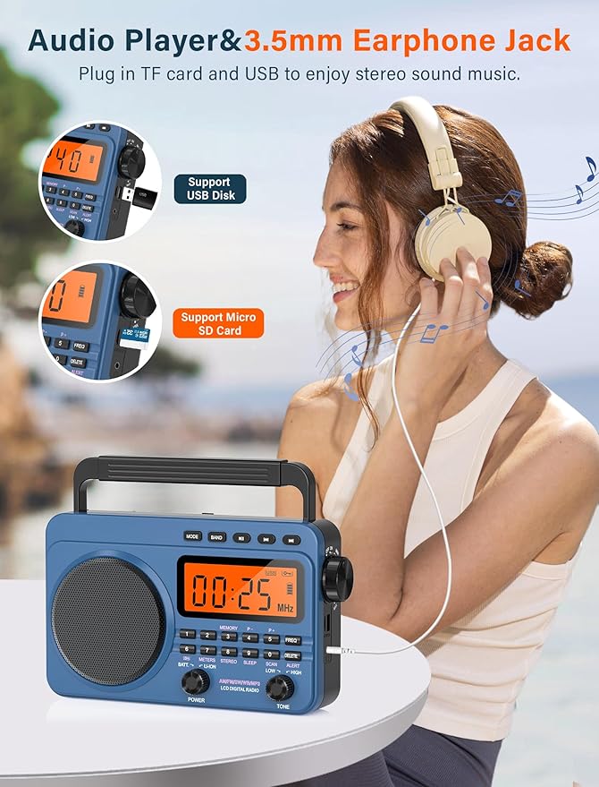 Digital AM FM Shortwave Radio with Best Reception,4000mAh Rechargeable Portable Radio with NOAA Weather Alert, Big Speaker, Digital Tuner and Stereo Earphone,Support Micro SD Card and USB MP3 Player