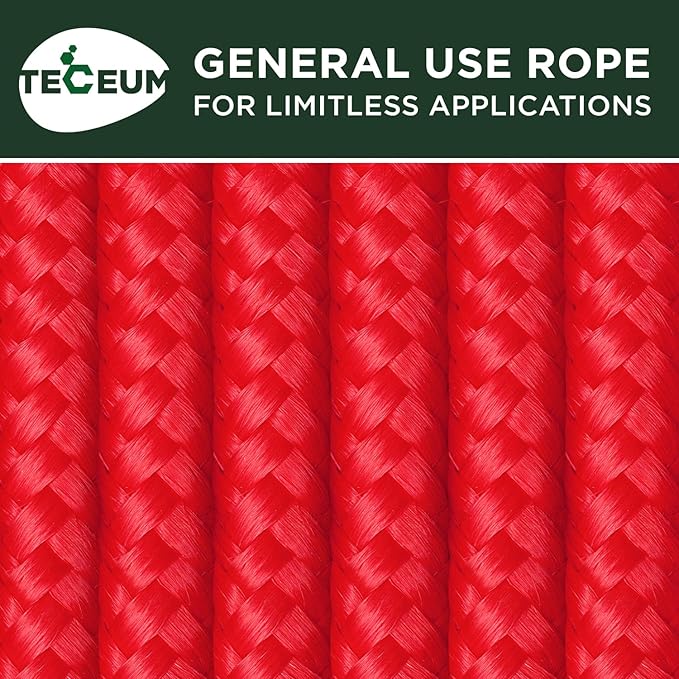 TECEUM Rope – 150 Feet x 1/4 Inch (7mm) – Red – Strong All-Purpose Utility Rope – Camping, Crafting, Flag Pole, Indoor & Outdoor – Polypropylene Nylon Poly Lightweight Diamond Braided Cord