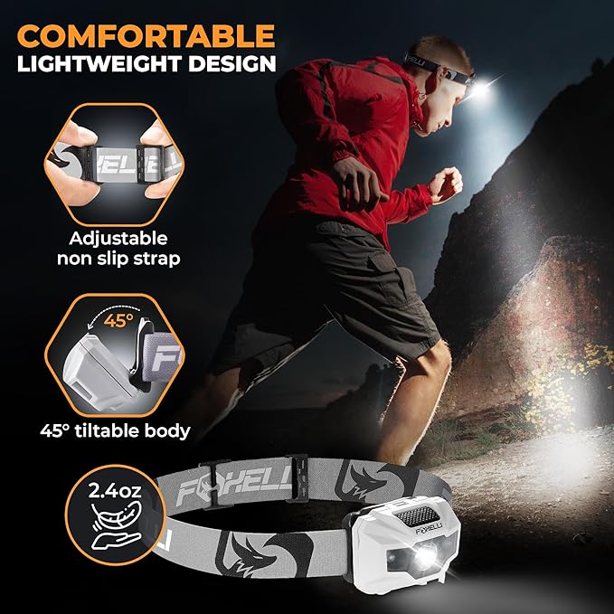 Foxelli USB‑C Rechargeable LED Headlamp – Ultra‑Light 2.4 oz & Bright 180 Lumens – Red/White Light, 5 Modes, IPX5 Waterproof, 40 h Runtime for Trail Running, Camping, Hiking