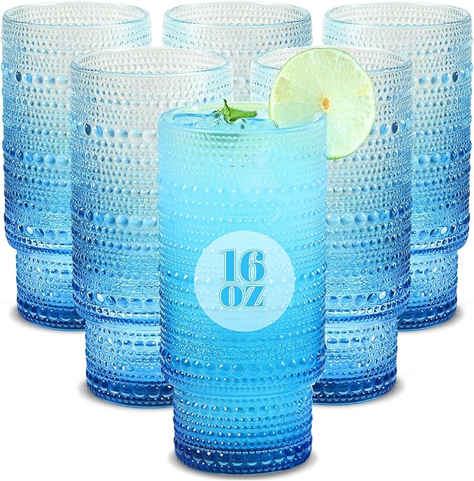 Large Capacity 16 oz Hobnail Drinking Glasses Set of 6,Vintage Glassware Drinking Glasses, Gradual Blue Water Glasses Tumbler, Cups for Kitchen, Juice, Beer, Cocktail, Whiskey