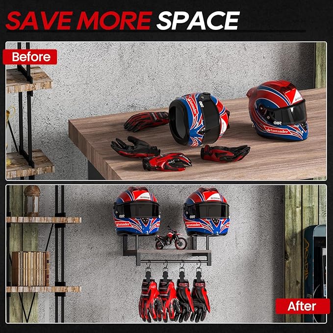 Motorcycle Helmet Holder Wall Mount, Helmet Rack with 4 Glove Clips, Motorcycle Gear Rack Storage, Motorcycle Accessories Organizer for Entryway or Garage