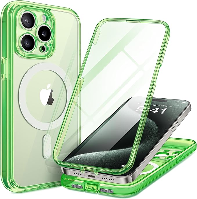 TIESZEN for iPhone 15 Pro Max Case, Compatible with MagSafe, Built-in Screen Protector and Camera Protection, Full Body Dustproof Shockproof Hard Phone Case 6.7",Bright Green