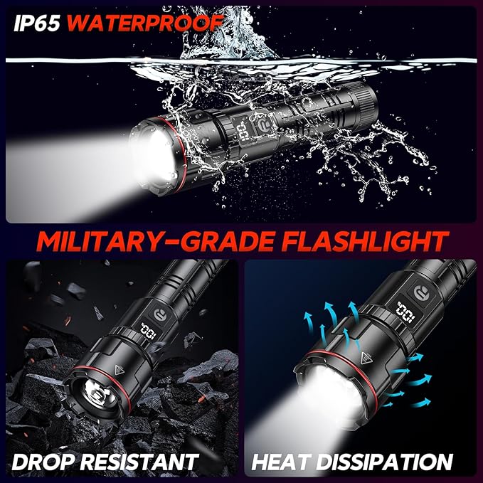 RECHOO Rechargeable Flashlights 1 Pack, Super Bright High Lumens LED Flashlight with LCD Digital Display, 3 Lighting Modes & Zoomable Handheld Flash Lights for Home Camping Emergency