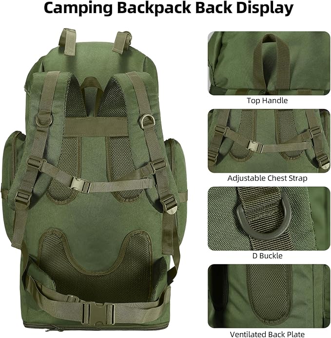 70L/100L Camping Hiking Backpack with Rain Cover, Expandable Large Military Tactical Backpack, Waterproof Molle Racksack Travel Backpacking Daypack for Climbing Trekking (Green)