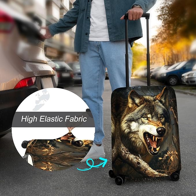 Luggage Cover Protector for 30-32 Inch Suitcases, TSA Approved Elastic Travel Suitcase Covers, Anti-Scratch Washable Luggage Sleeve for Carry On & Checked Bags, Fierce Wolf