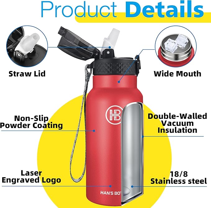 Han's Bottle Kids Water Bottle with Straw Lid - Insulated Stainless Steel Reusable Tumbler for Girls,Boys,Thermo Mug,17oz,Red