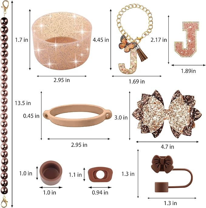 9PCS Brown for Stanley Cup Accessories Set Bling Initials Bow Charms for Stanley Decorations 30/40 Oz Tumbler Accessories Including Bow Straw Topper, Handle Strap, Spill Stopper（Letter J）